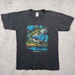 Fishing Graphic Tee Vintage Style T-Shirt Mens Medium Black Minnesota